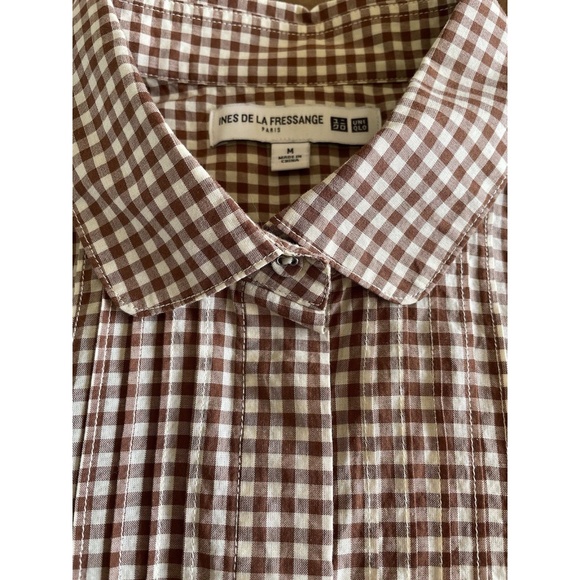 Uniqlo IDLF Ines de la Fressange cotton check gingham blouse M brown ivory - Picture 4 of 8